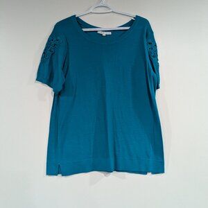 Cleo Short Sleeve Sweater with Lace Detail on Sleeves Teal Turquoise Size XL
